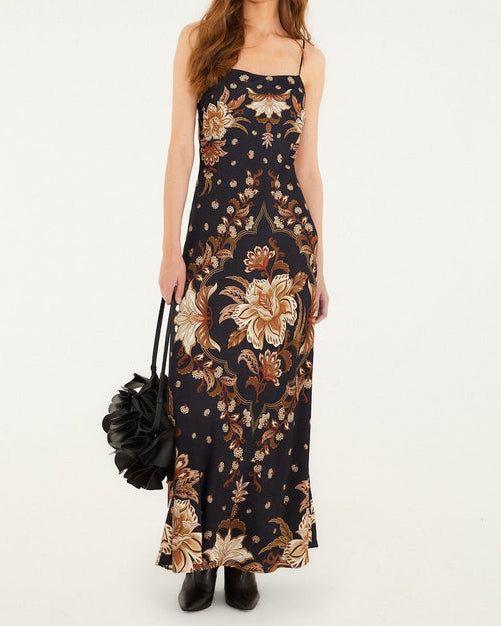 Farm Rio Black Majestic Garden Viscose Slip Maxi Dress