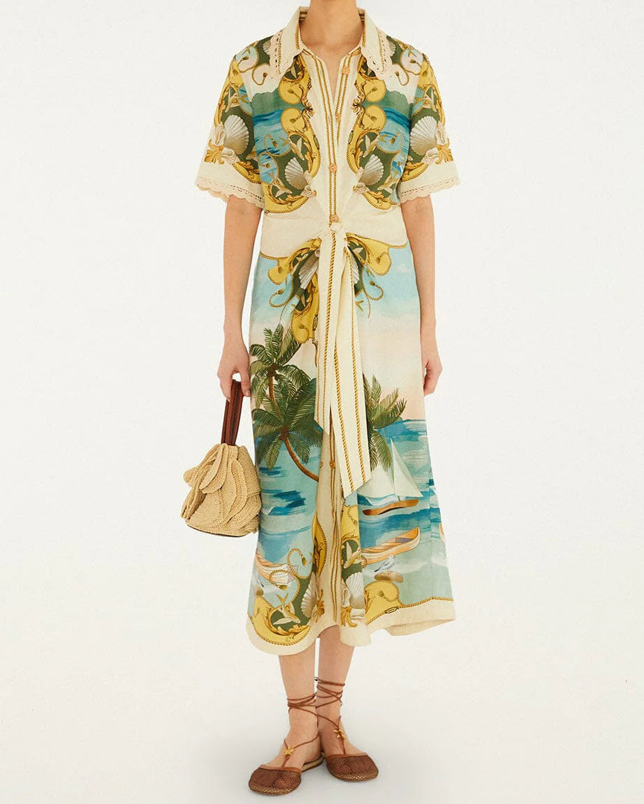 Farm Rio Off-White Royal Sea Collared Midi Dress