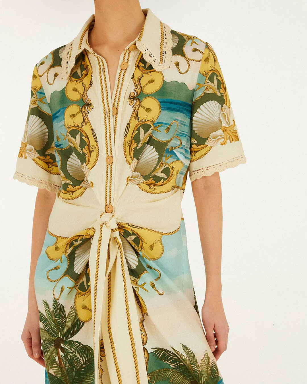 Farm Rio Off-White Royal Sea Collared Midi Dress