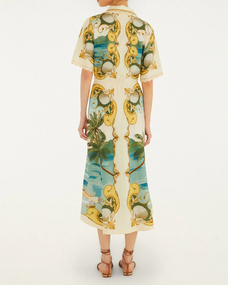 Farm Rio Off-White Royal Sea Collared Midi Dress