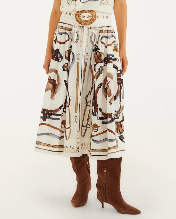 Farm Rio Off-White Equestrian Scarf Belted Midi Skirt