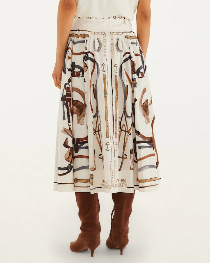 Farm Rio Off-White Equestrian Scarf Belted Midi Skirt