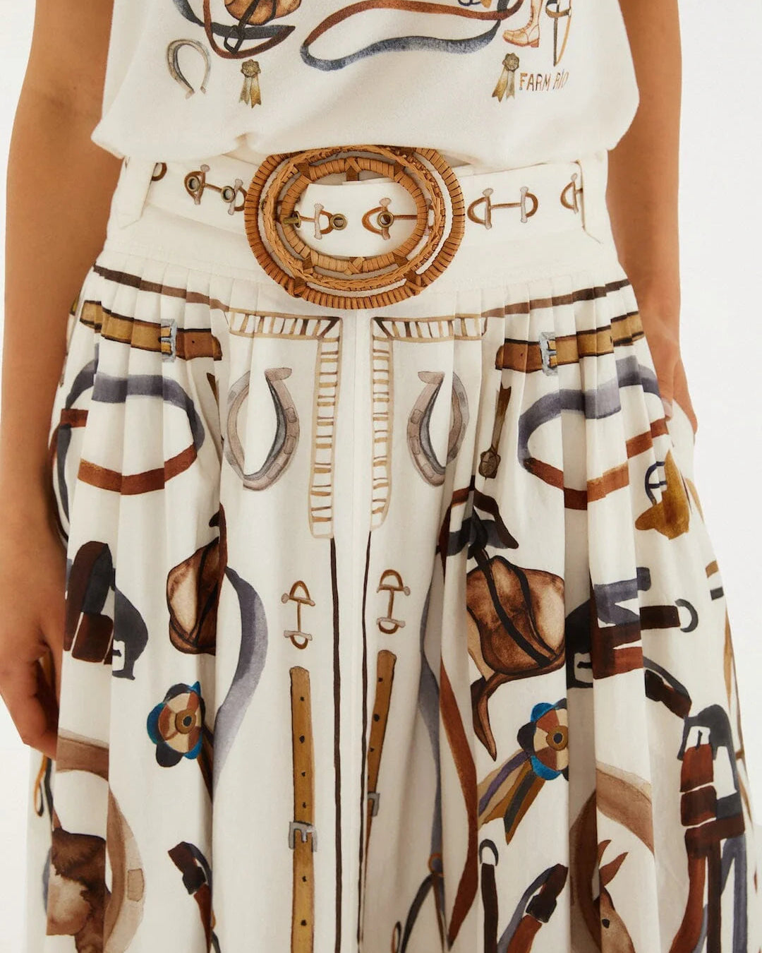 Farm Rio Off-White Equestrian Scarf Belted Midi Skirt