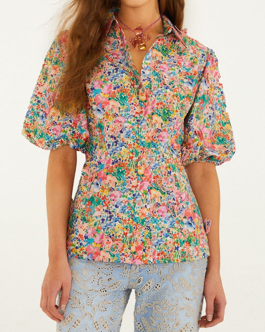 Farm Rio Off-White Peasant Floral Butterflies Organic Cotton Blouse