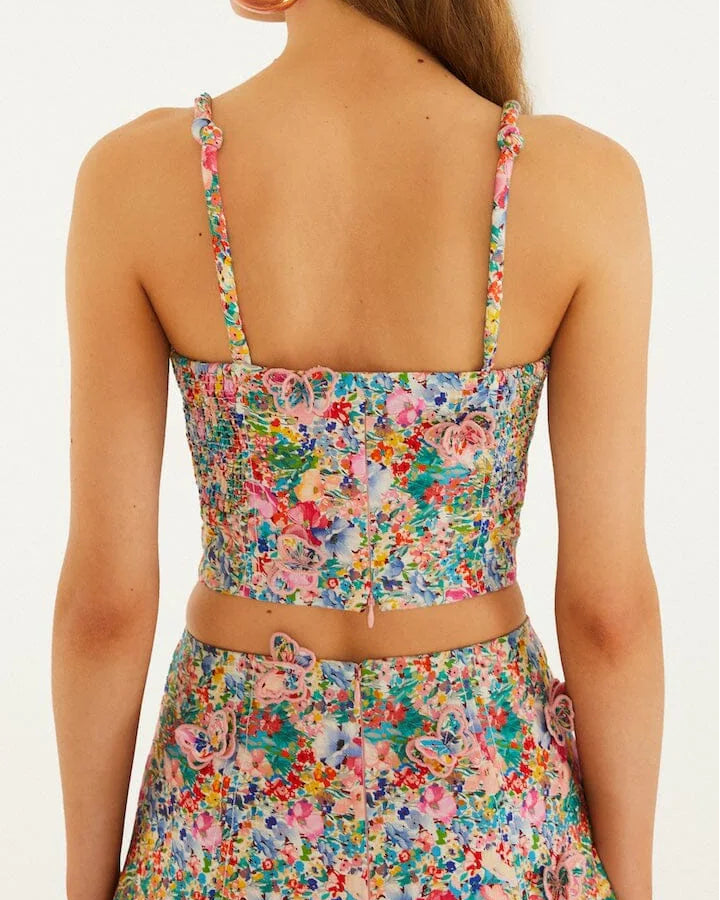 Farm Rio Off-White Peasant Floral Butterflies Linen Top