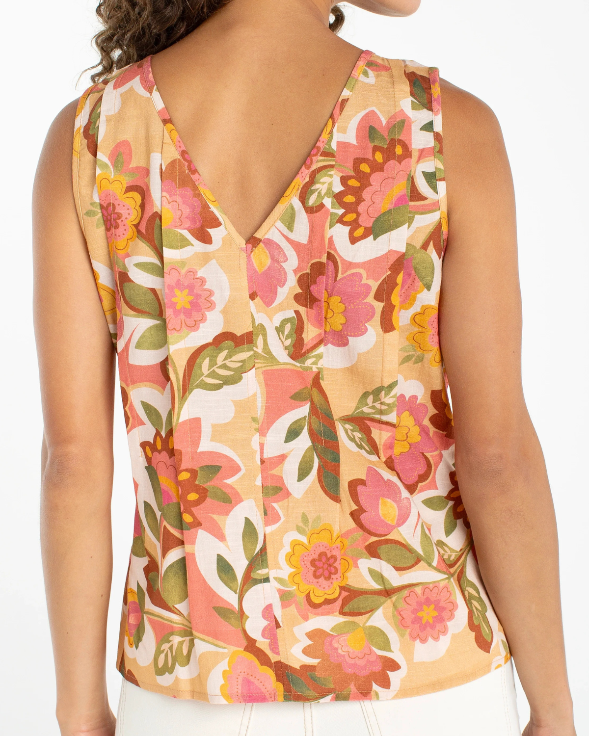Liverpool Sleeveless V-neck Woven Top | Tan Floral Multi