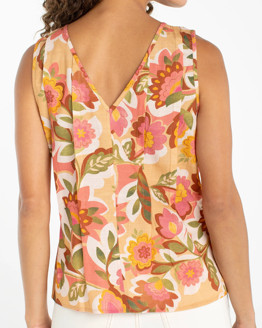 Liverpool Sleeveless V-neck Woven Top | Tan Floral Multi