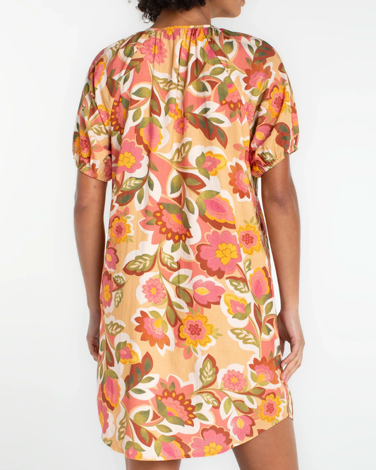 Liverpool Short Sleeve Shirred Button Front Woven Dress | Tan Floral Multi