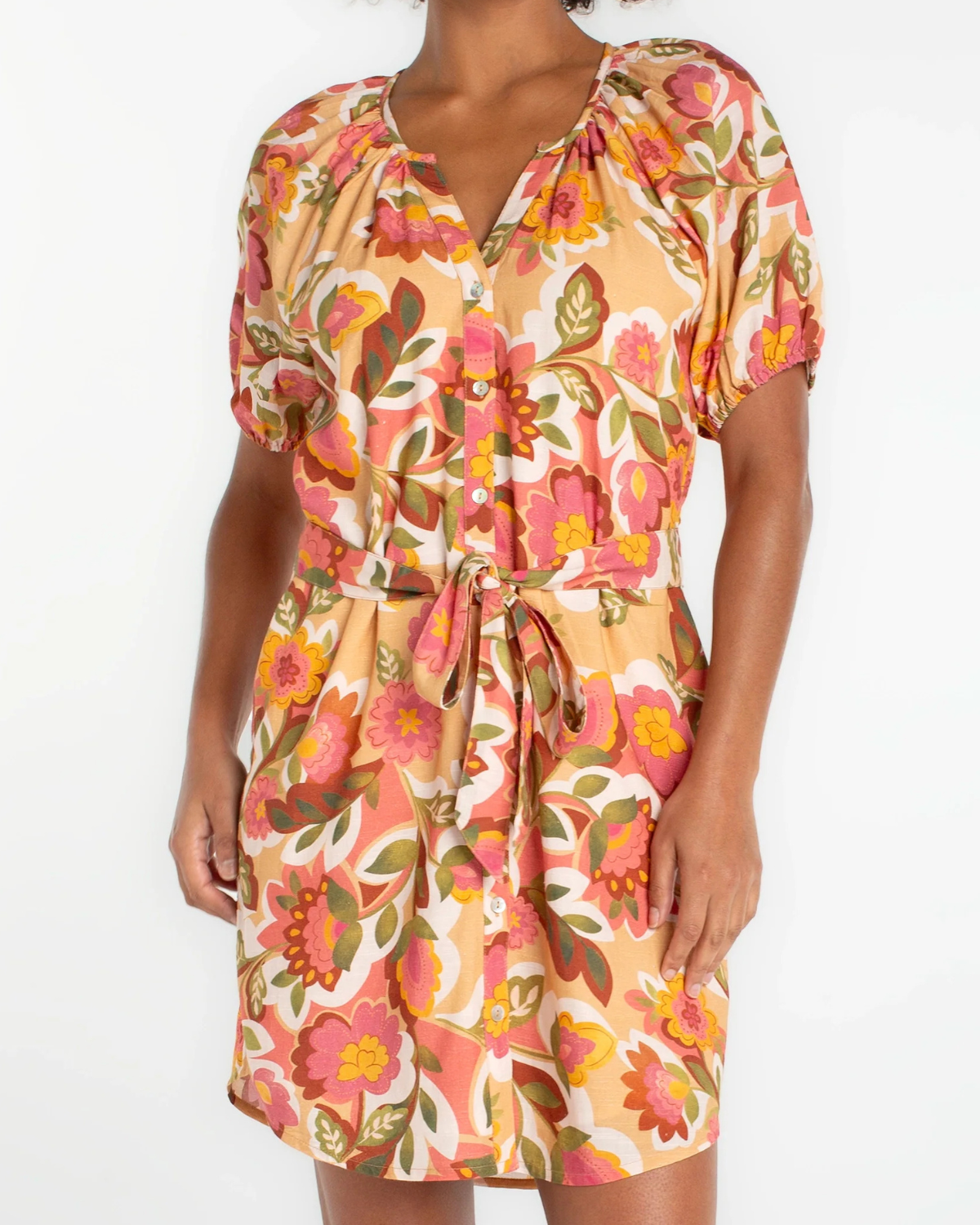 Liverpool Short Sleeve Shirred Button Front Woven Dress | Tan Floral Multi