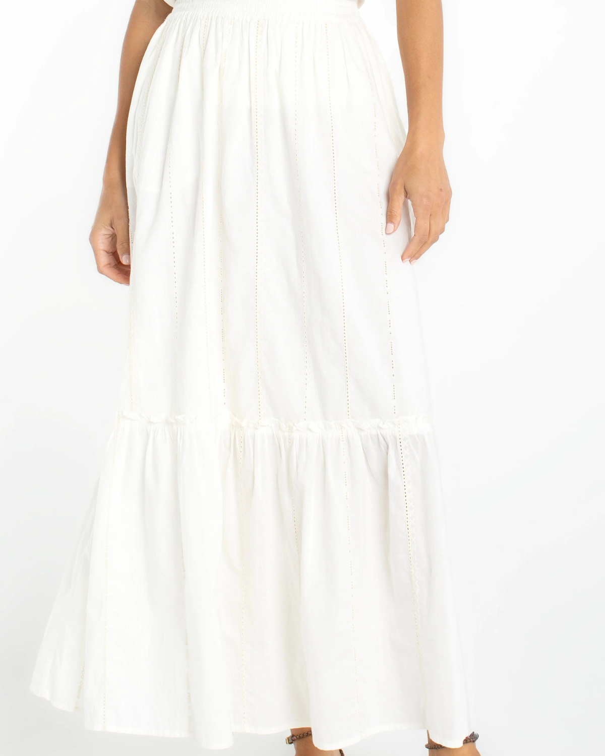 Liverpool Tiered Woven Pull-on Maxi Skirt | Cream Stripe Embroidery