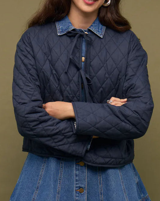 Mink Pink Blue Tie Front Reversible Quilted Jacket | Navy/White