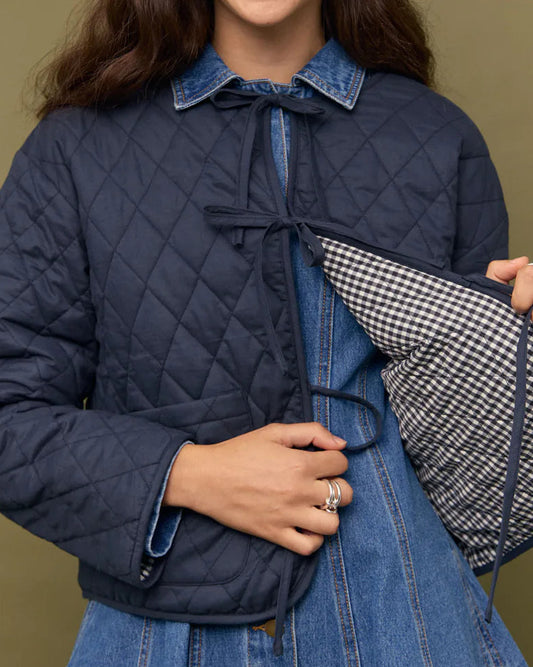 Mink Pink Blue Tie Front Reversible Quilted Jacket | Navy/White