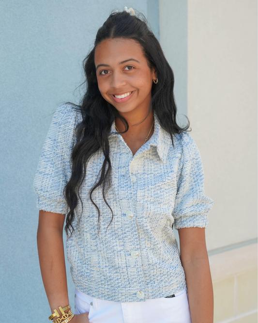 Liverpool Puff Sleeve Jacket | Cream Blue Plaid