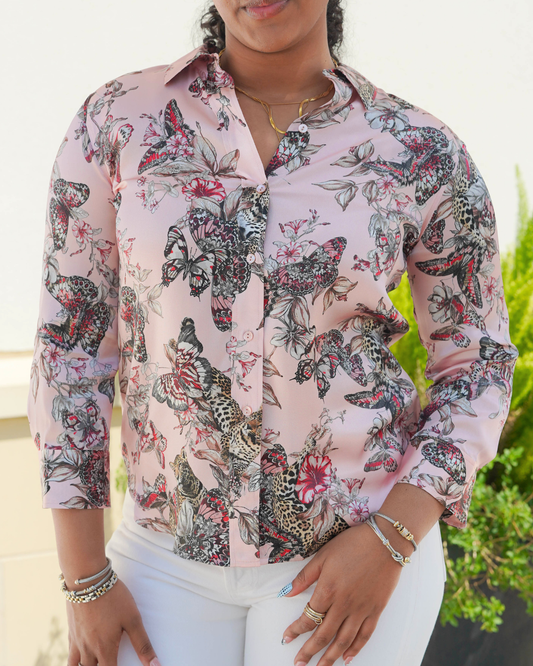 L'Agence Dani Silk Blouse | Nectar Pink Butterfly Jungle