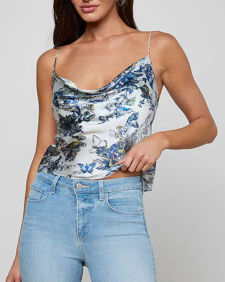 L'Agence Calista Silk Camisole | Grey Multi Watercolor Butterfly