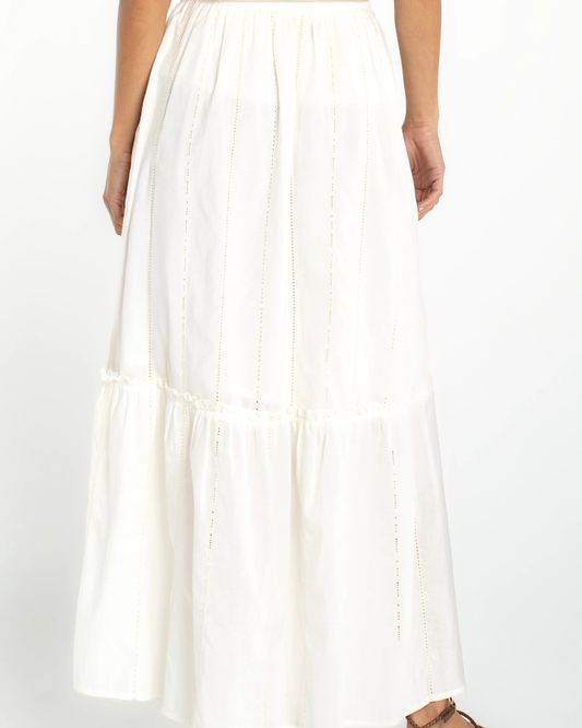 Liverpool Tiered Woven Pull-on Maxi Skirt | Cream Stripe Embroidery