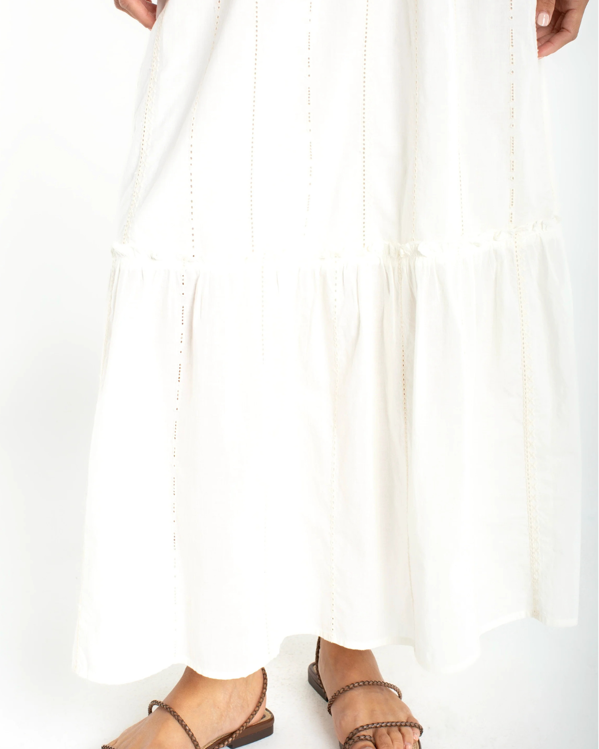 Liverpool Tiered Woven Pull-on Maxi Skirt | Cream Stripe Embroidery
