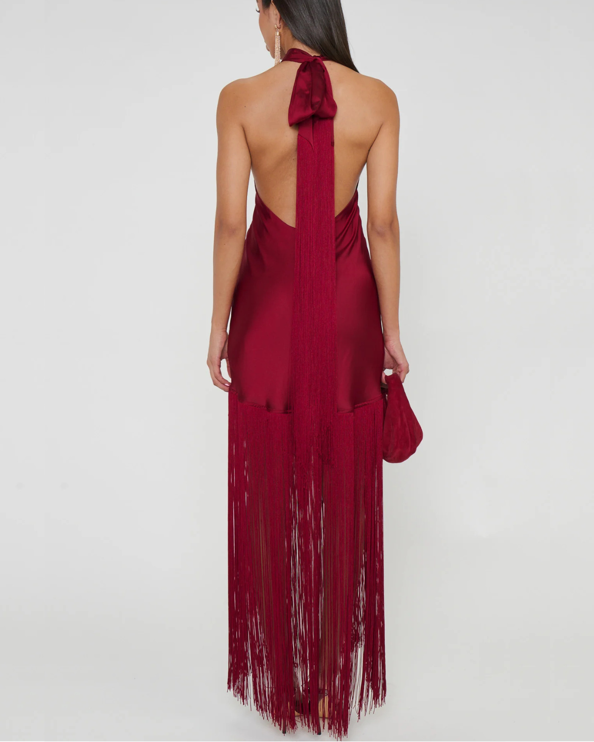 Show Me Your Mumu Jasmine Fringe Maxi Dress | Cranberry Luxe Satin