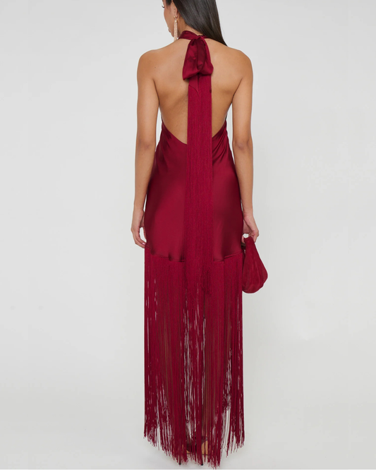 Show Me Your Mumu Jasmine Fringe Maxi Dress | Cranberry Luxe Satin