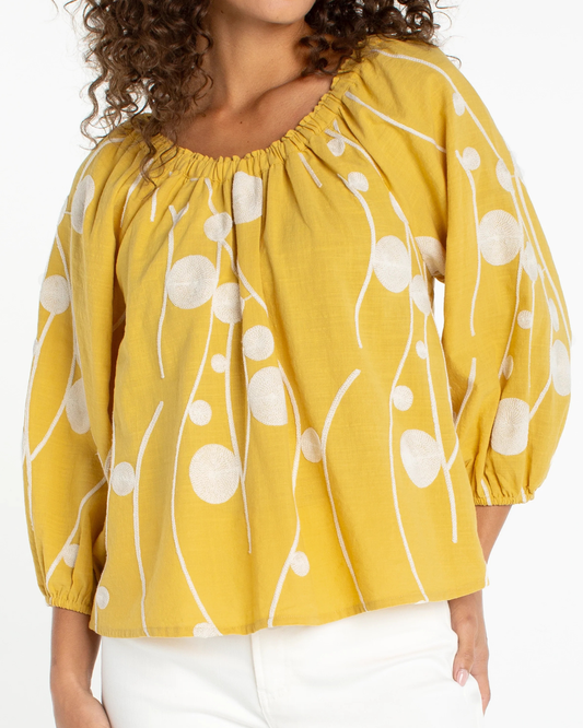 Liverpool 3/4 Sleeve Woven Top | Yellow Cream Embroidery