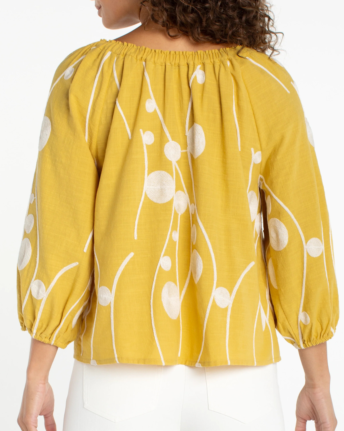 Liverpool 3/4 Sleeve Woven Top | Yellow Cream Embroidery