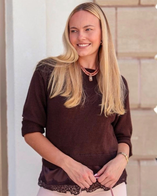 ASTR Juliette Mixed Media Lace Trim Sweater | Brown