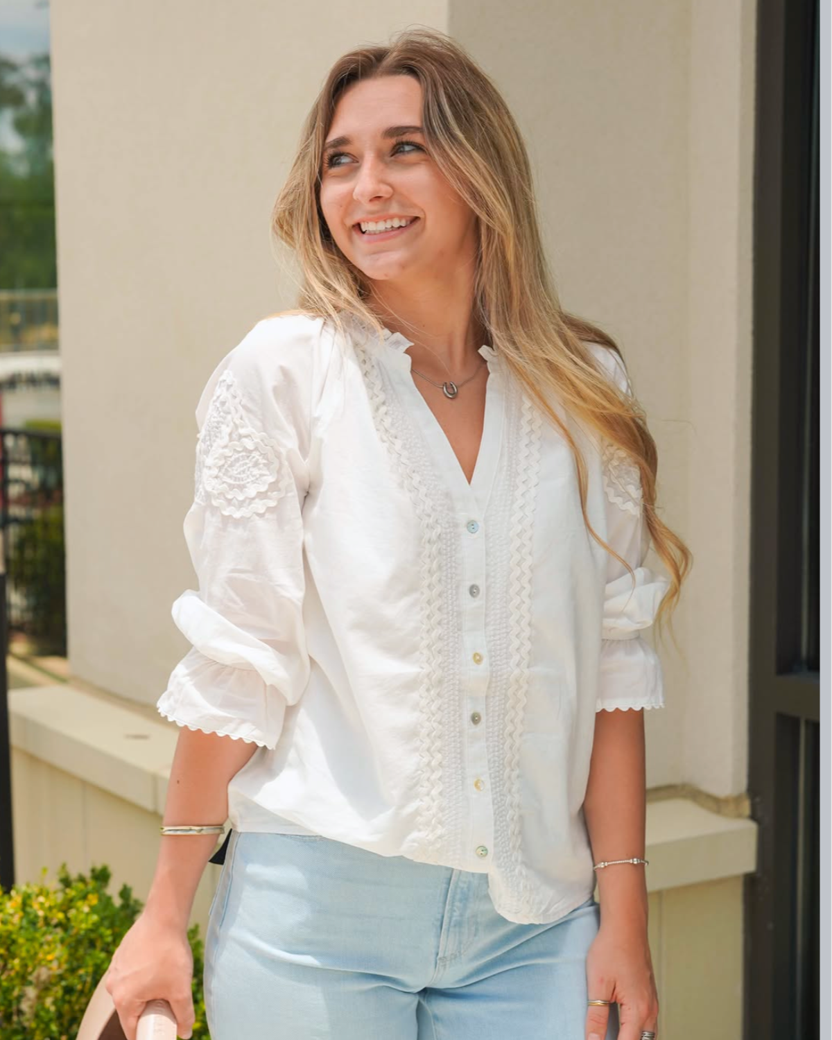 Liverpool 3/4 Sleeve Button Front Woven Top | Bone