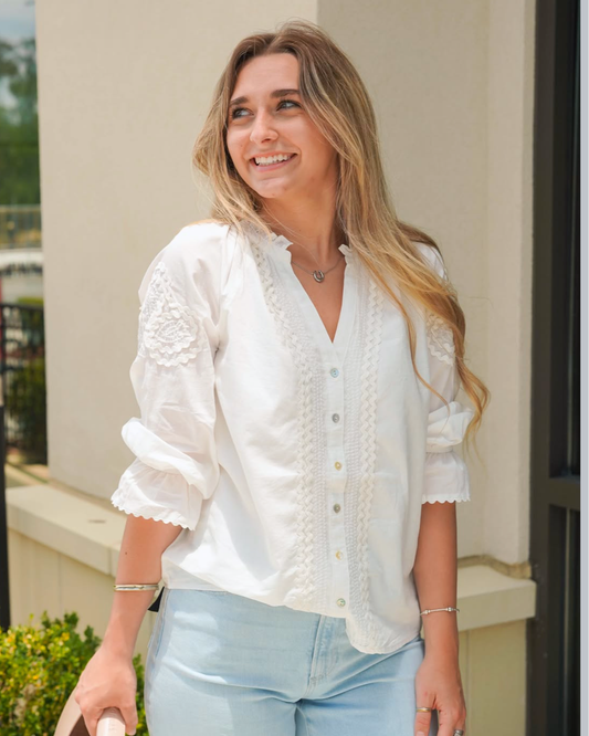 Liverpool 3/4 Sleeve Button Front Woven Top | Bone