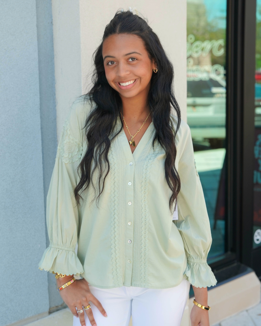 Liverpool 3/4 Sleeve Button Front Woven Top | Matcha