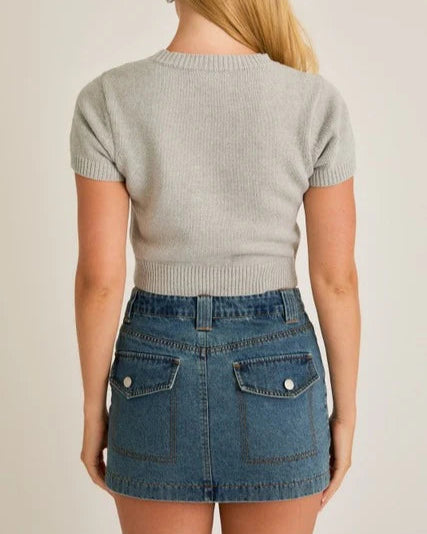 Le Lis Short Sleeve Crew Neck Teddy Bear Sweater Crop Top