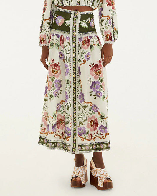 Farm Rio Cream Rococo Flowers Lace Buttoned Midi Skirt