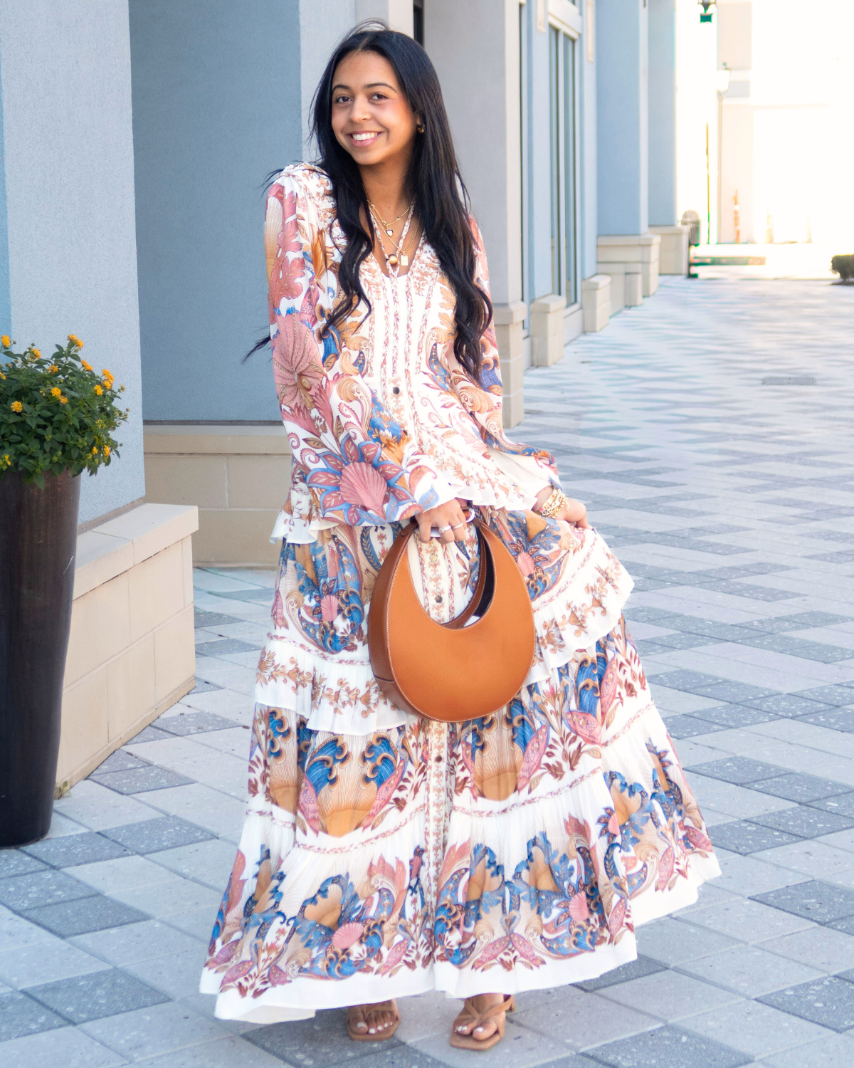 Farm Rio Soft Pink Sea Garden Scarf Pleated Midi Dress