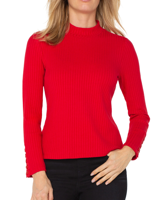 Liverpool Long Sleeve Mock Neck Knit Top w/ Button Detail
