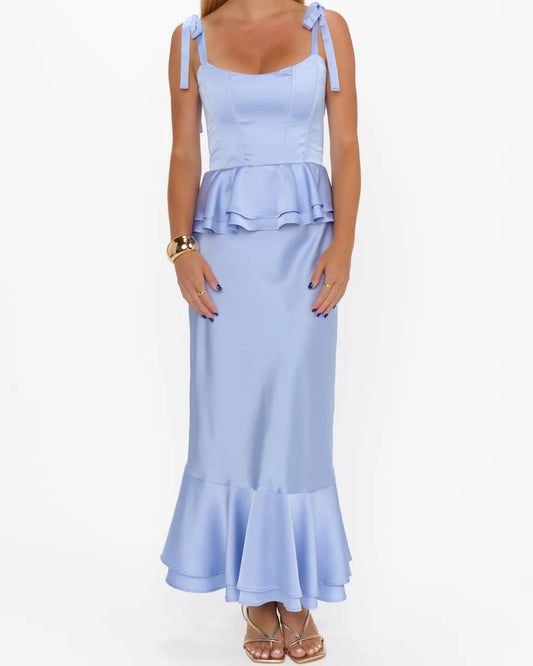 Show Me Your Mumu Pauline Peplum Dress | Borrowed Blue Luxe Satin