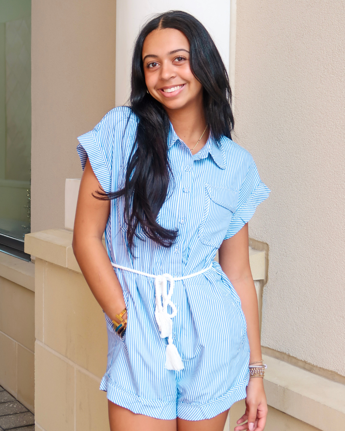 Mink Pink Avery Stripe Playsuit | Blue/White