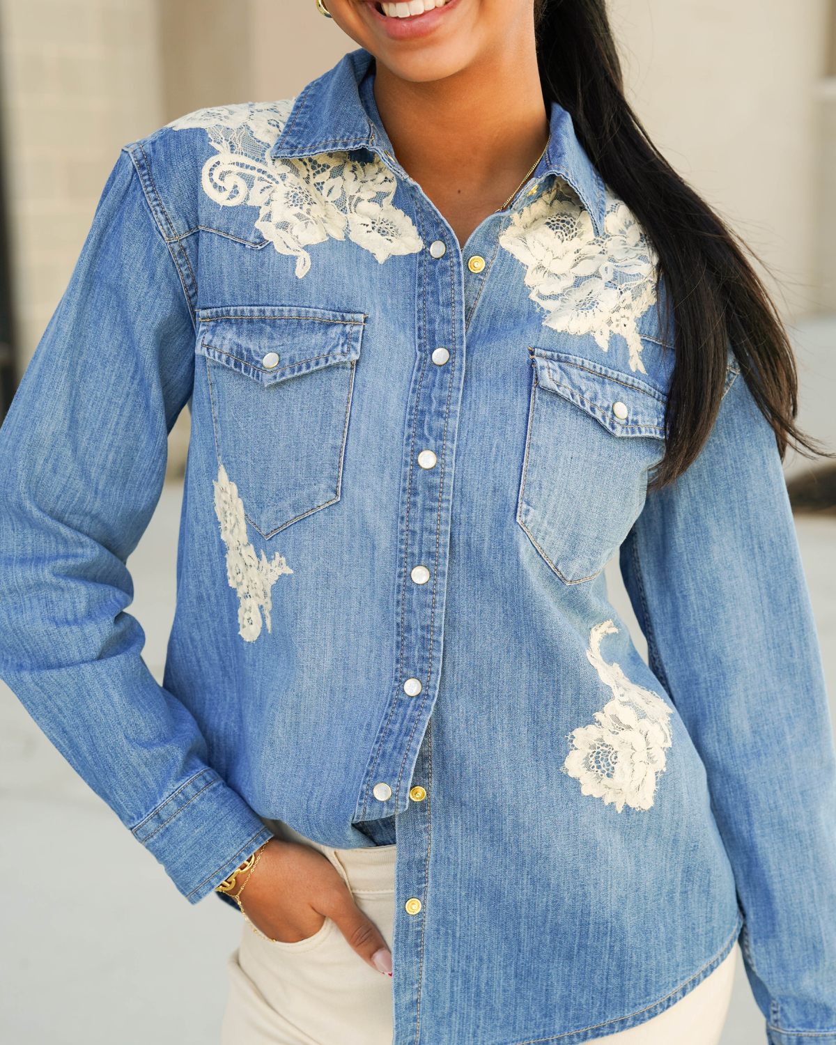 Love Shack Fancy Kelith Lace Applique Chambray Shirt | Denim