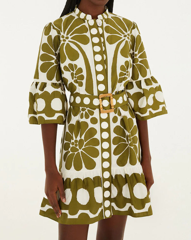 Farm Rio Green Palermo Belted Organic Cotton Mini Dress