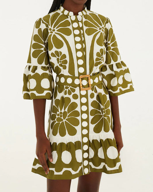 Farm Rio Green Palermo Belted Organic Cotton Mini Dress