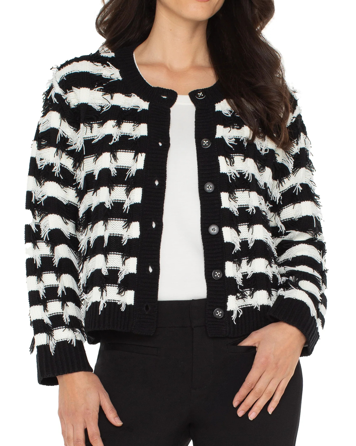 Liverpool Long Sleeve Cardigan Sweater | Black White Fringe Stripe