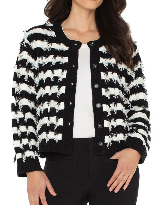 Liverpool Long Sleeve Cardigan Sweater | Black White Fringe Stripe