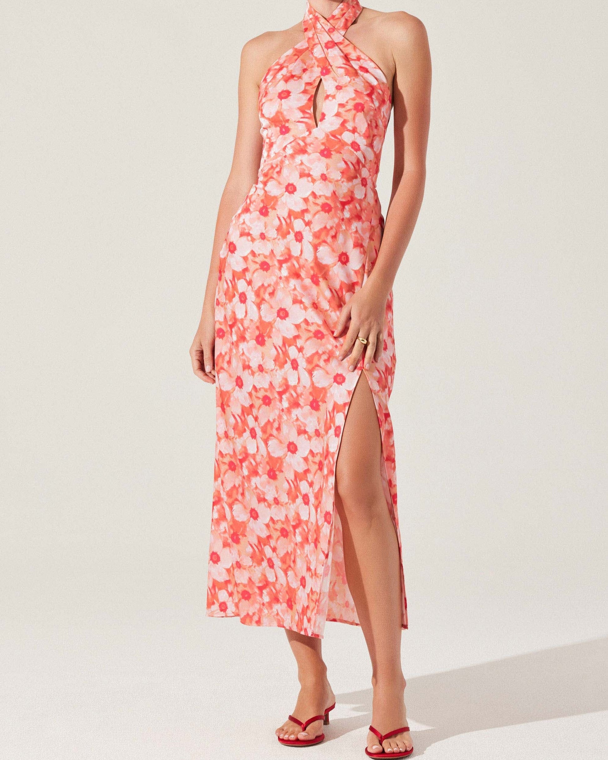 ASTR Marissa Floral Halter Neck Dress | Coral Floral Narcissus Gainesville ASTR Marissa Floral Halter Neck Dress | Coral Floral Narcissus Gainesville
