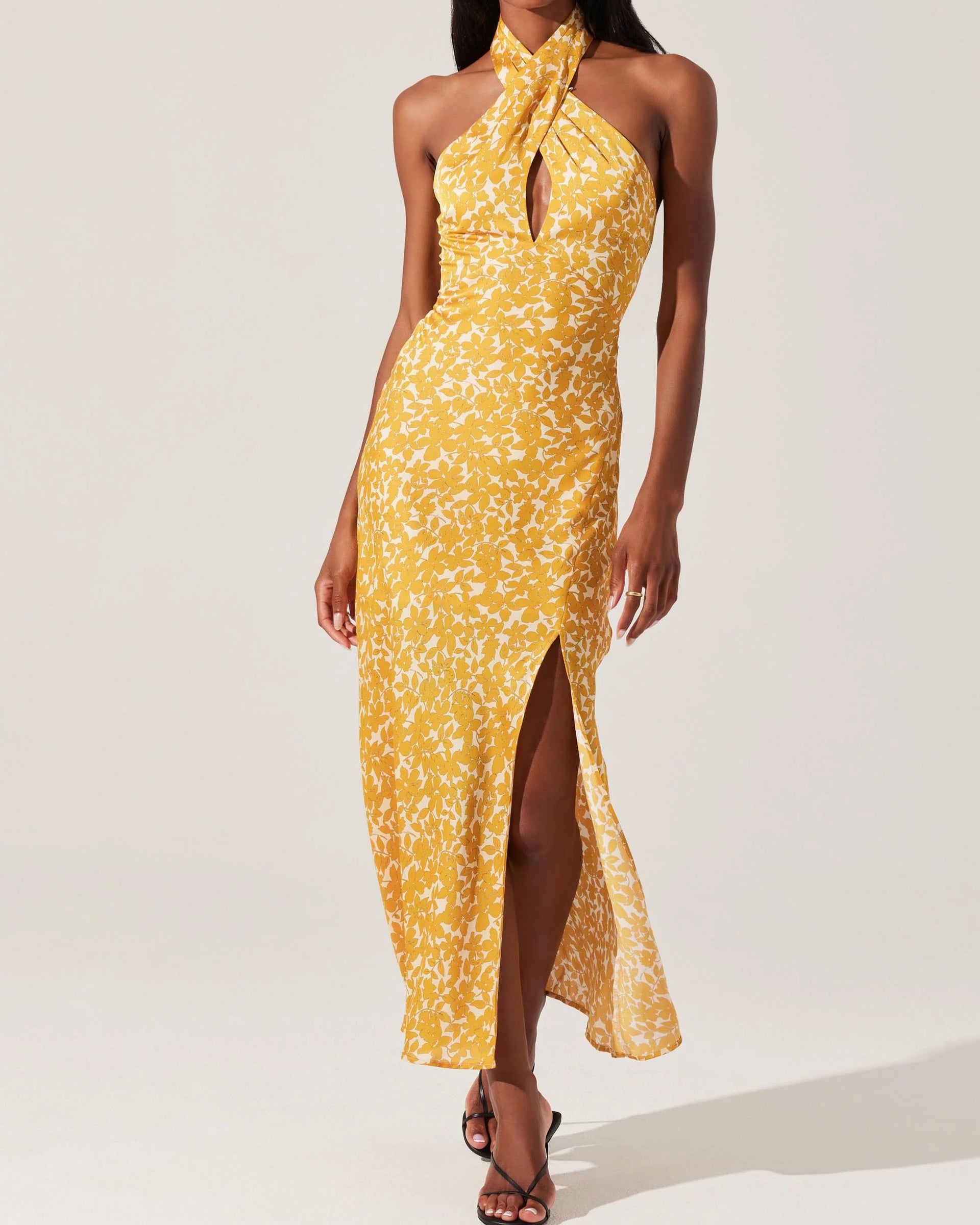 ASTR Marissa Floral Halter Neck Dress | Marigold Floral