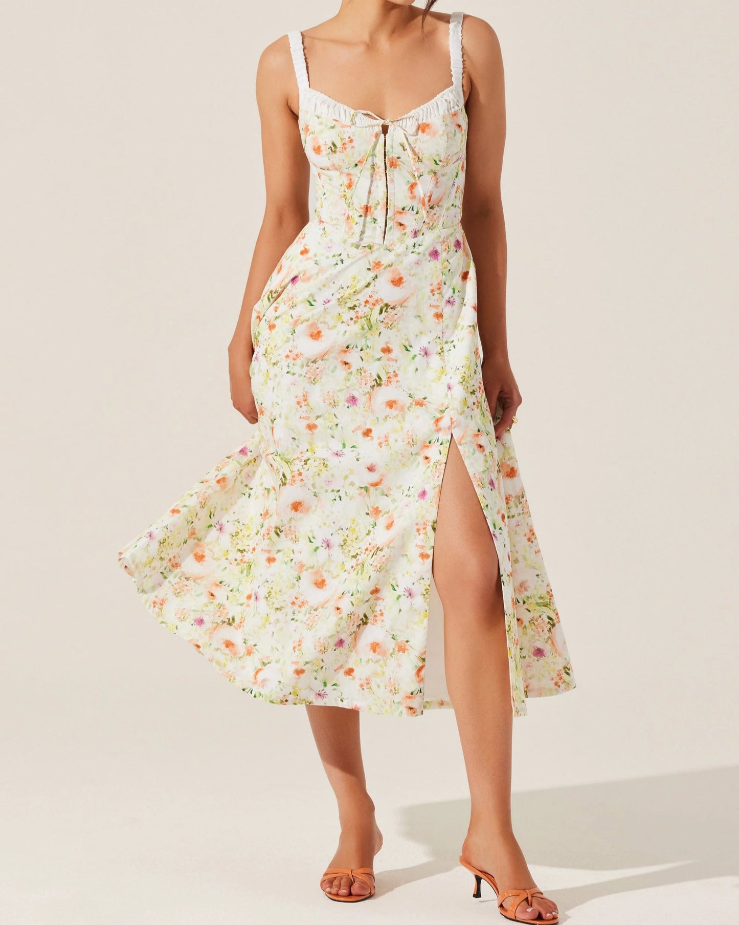 ASTR Julietta Floral Corset Midi Dress | Orange Green Floral