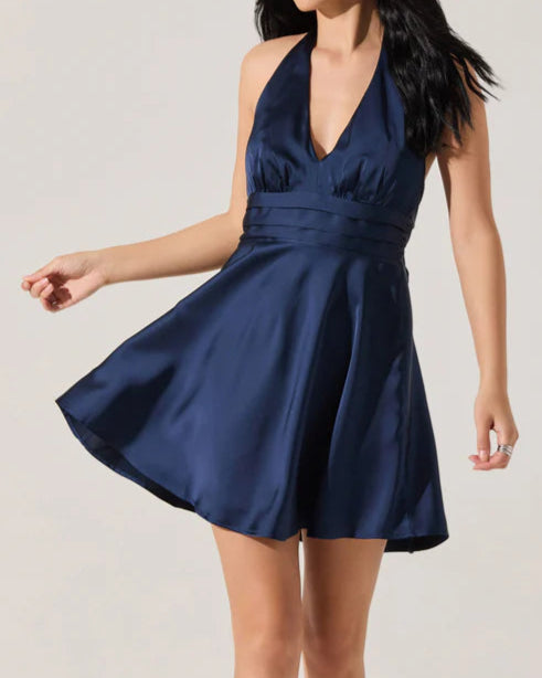 ASTR Mielle Satin Halter Mini Dress | Navy