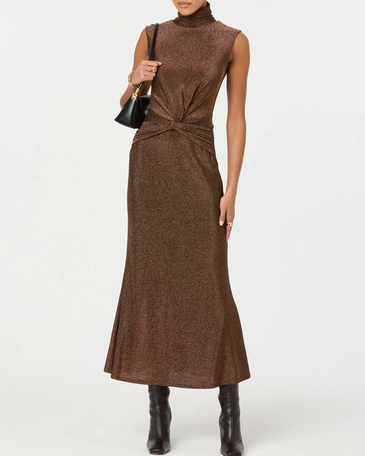 ASTR Riana Metallic Twist Front Maxi Dress | Brown Metallic