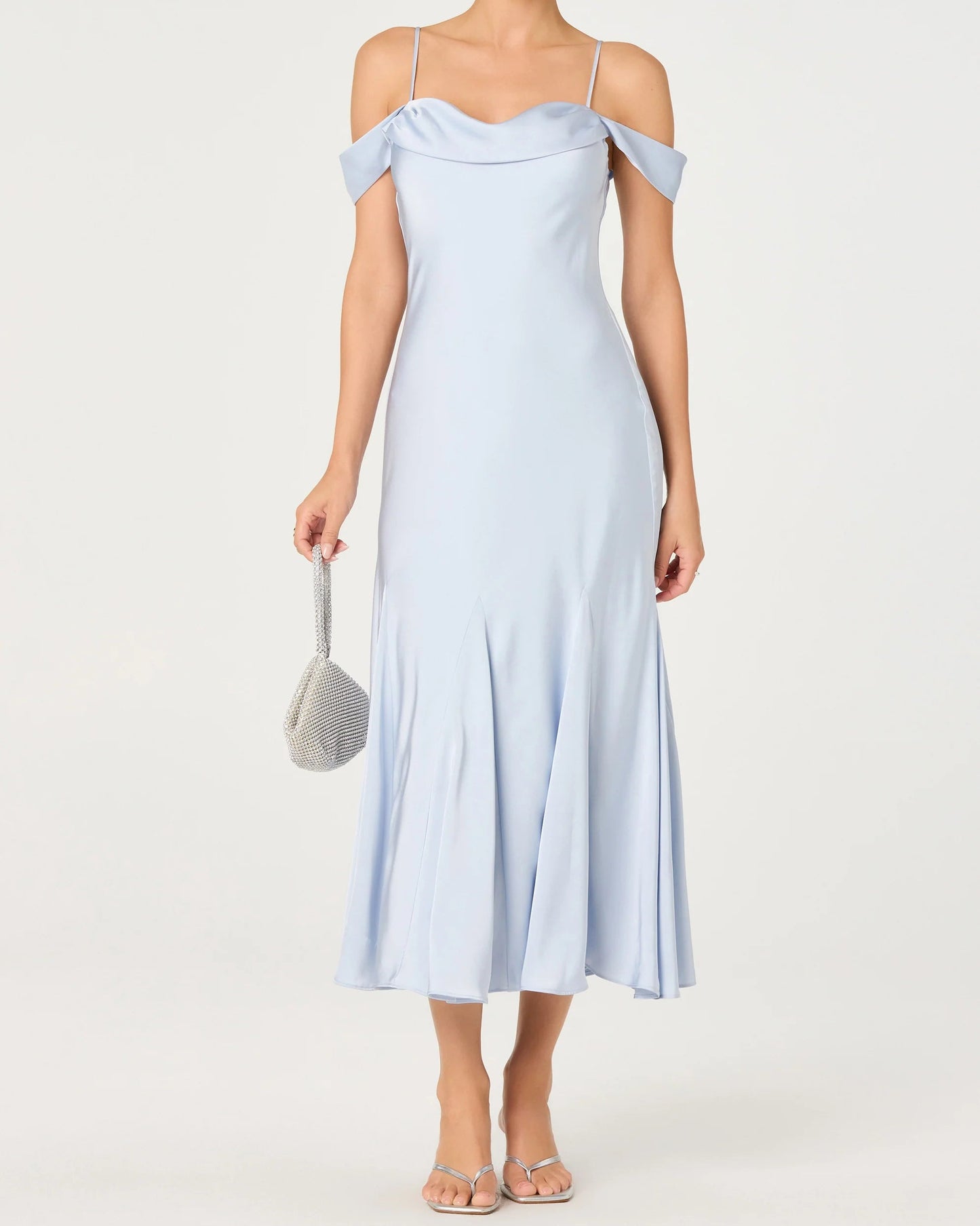 ASTR Araxie Satin Off-Shoulder Godet Midi Dress | Light Blue