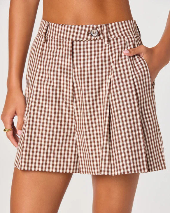 ASTR Preston Gingham Pleated High-Rise Shorts | Brown Checker