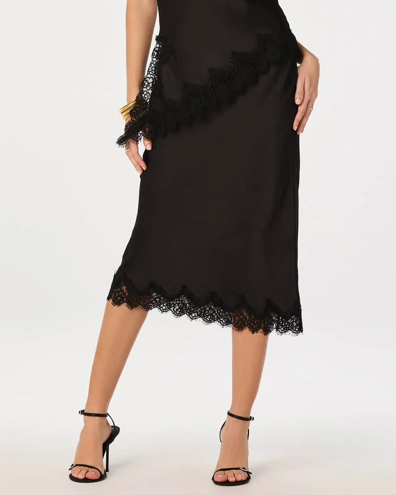 ASTR Blossom Satin Lace-Trim Midi Skirt | Black