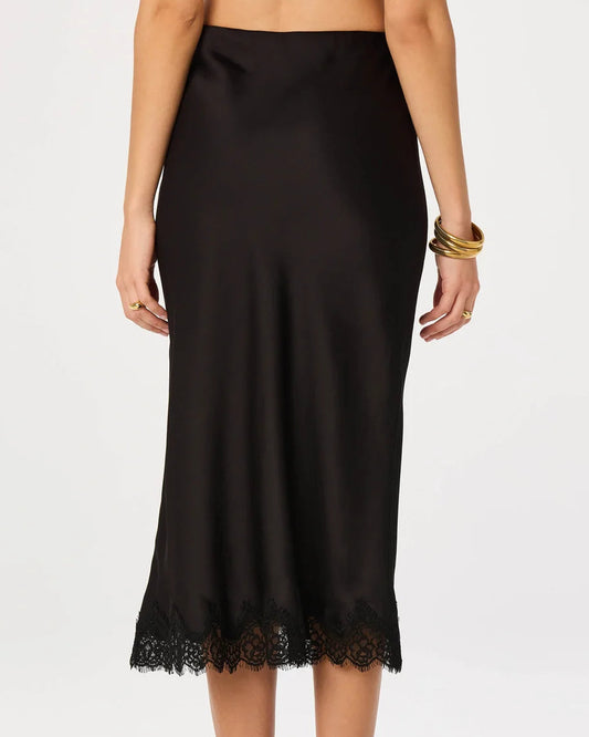 ASTR Blossom Satin Lace-Trim Midi Skirt | Black