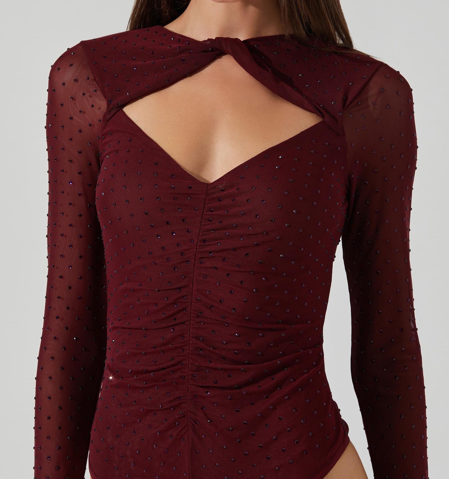 ASTR Anicira Rhinestone Mesh Bodysuit | Wine